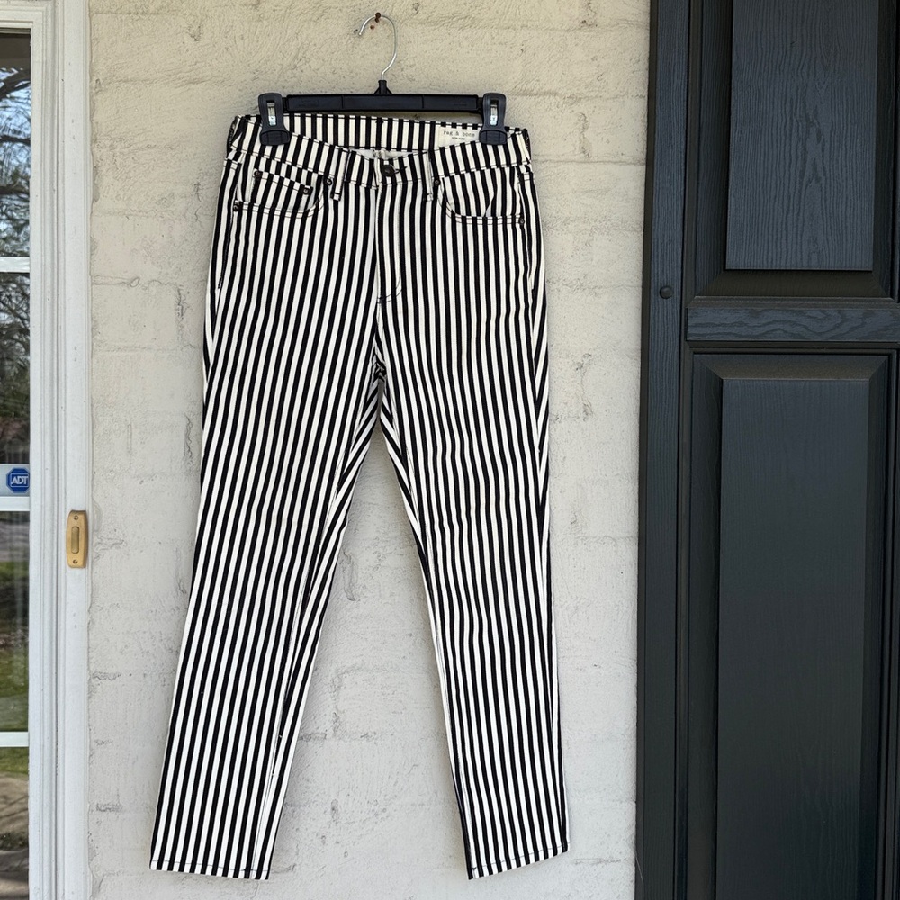 Rag & Bone High-Rise Ankle Skinny Jeans in Oba Black/White Stripe Waist 25 - Picture 9 of 13
